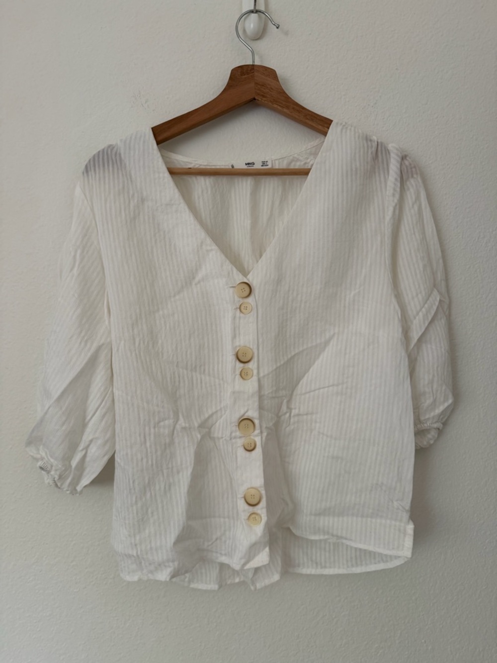 Mango White Minimalist Neutral 3/4 Sleeve Blouse Top Size XS Cottagecore Spring